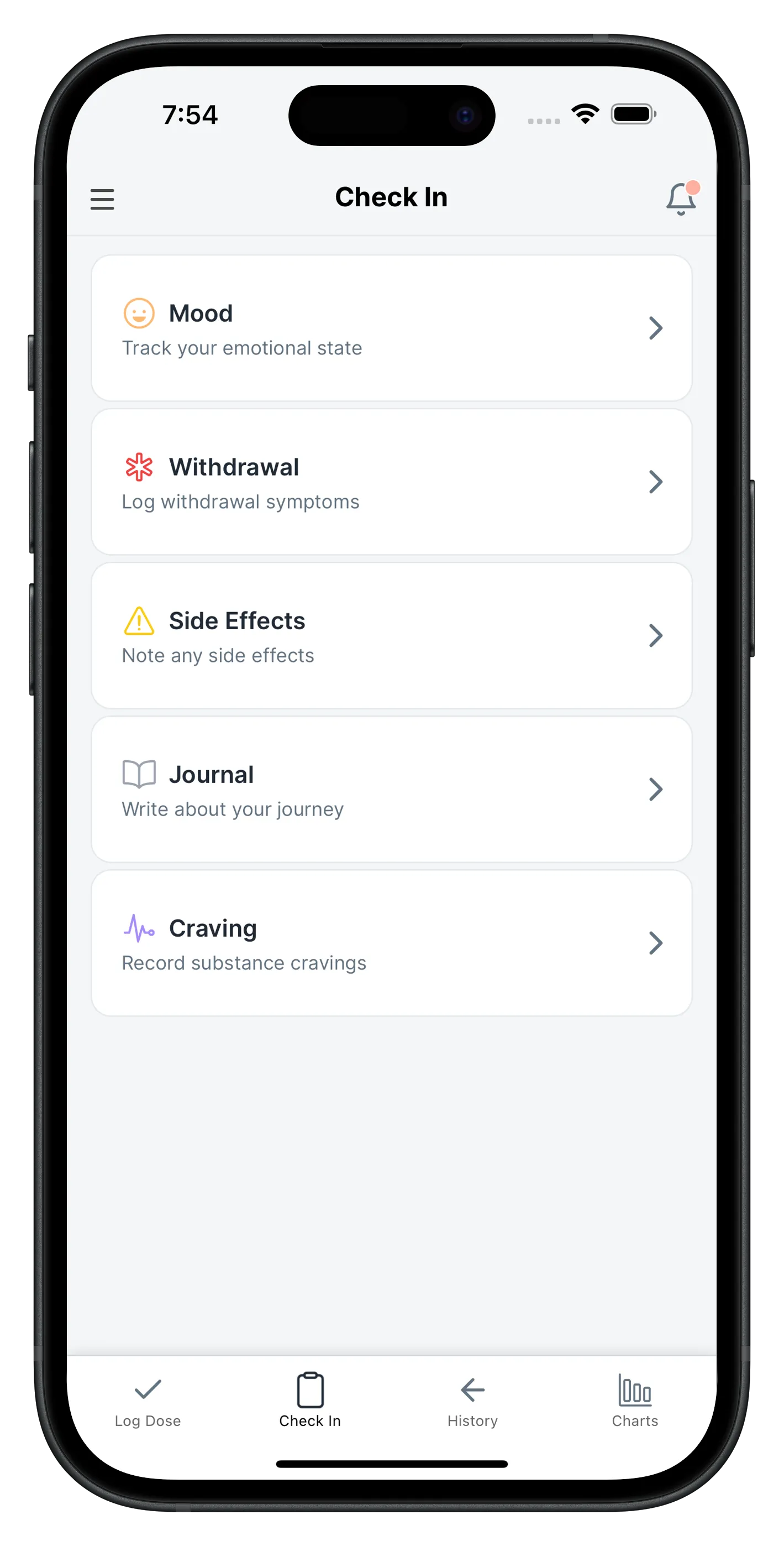 Taper symptom logging interface