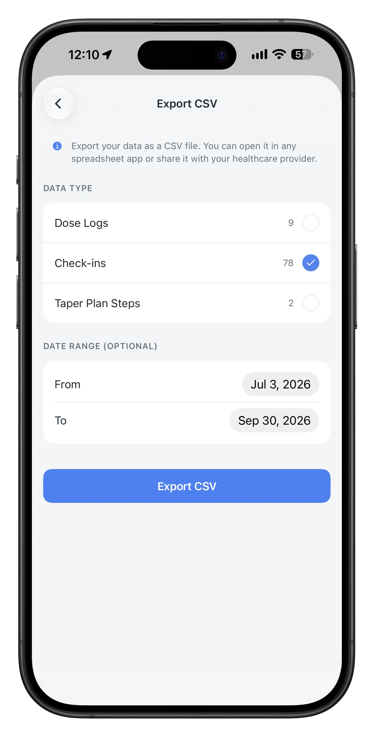 Taper’s Export CSV screen with 78 Check-ins selected and a July 3–September 30 date range